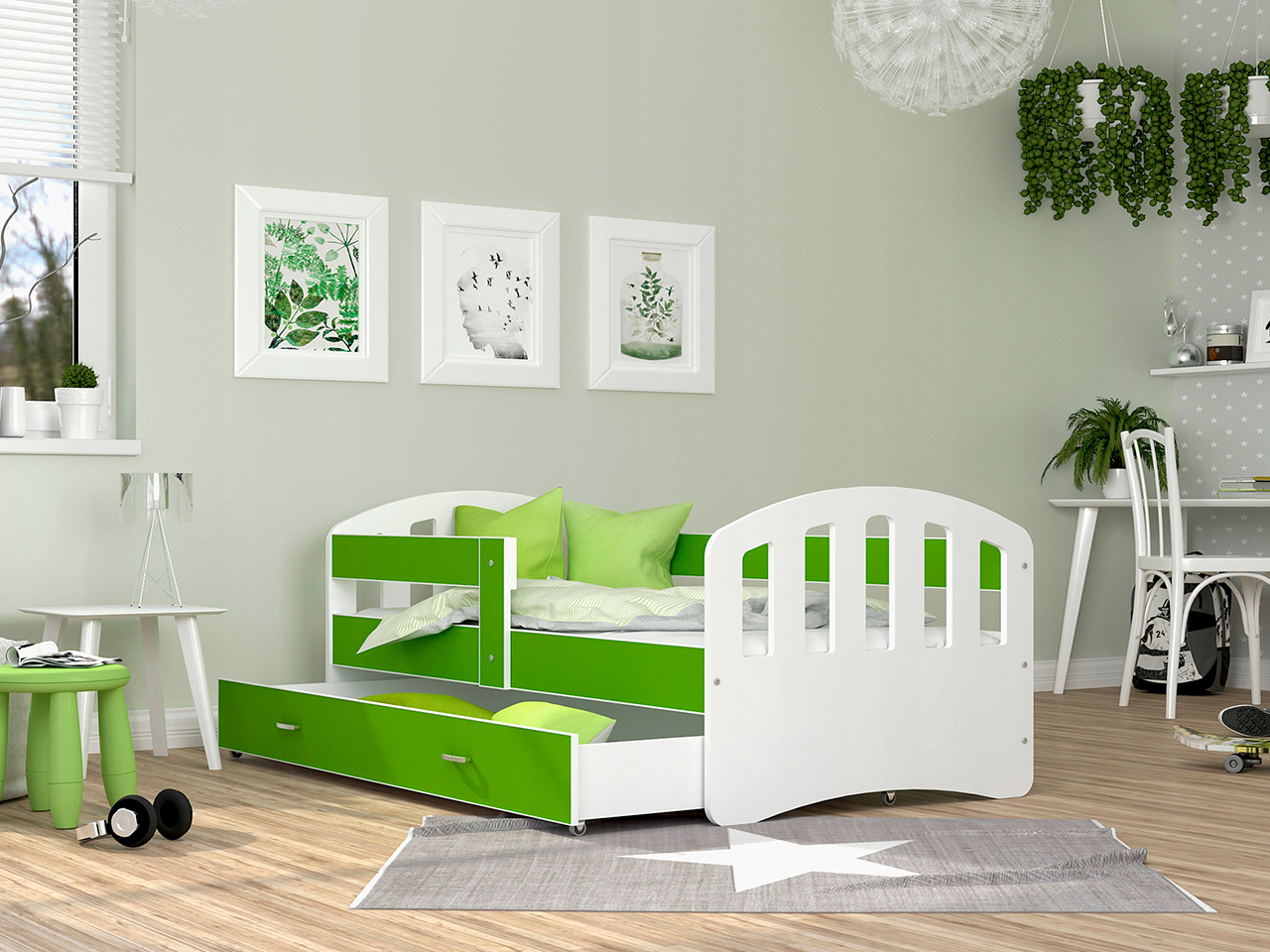 Otroške postelje - Otroška postelja Happy Premium + GRATIS LEŽIŠČE IZ PENE  - 80x160 - ZELENA BARVA / 204
